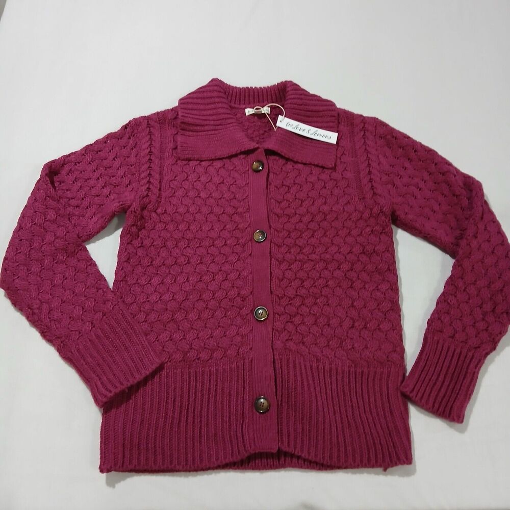 For Love and Lemons Florence Cardigan Small NWT Pink Flap Collar Basket Weave